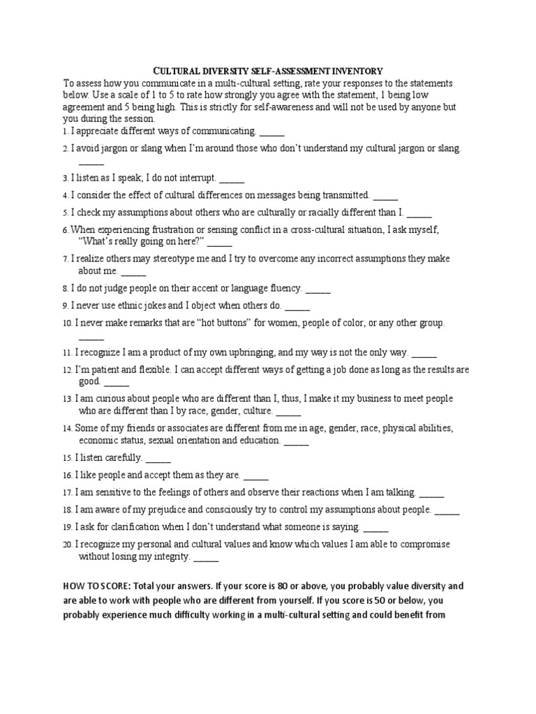 Cultural Diversity Self-Assessment Tool | PDF | Consciousness ...