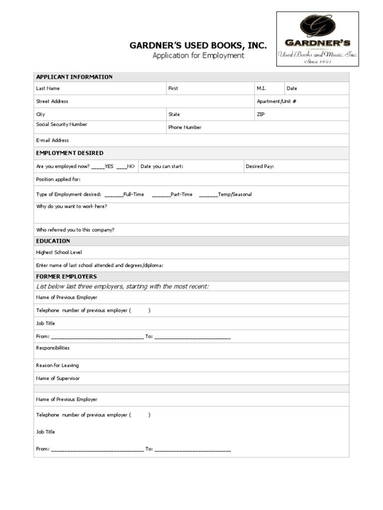Gardner's Used Books Employment Application | PDF | Career & Growth