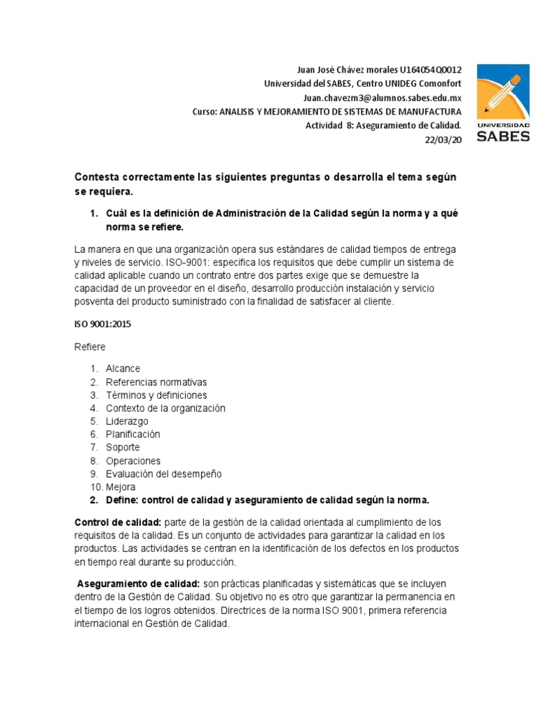 Aseguramiento de Calidad ISO 9001:2015 | PDF | Gestión de la calidad ...