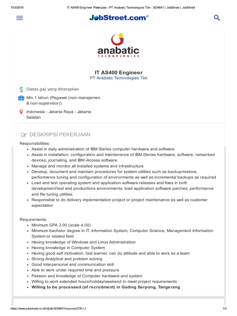 IT AS400 Engineer Job in Jakarta | PDF | Ibm System I | Engineer
