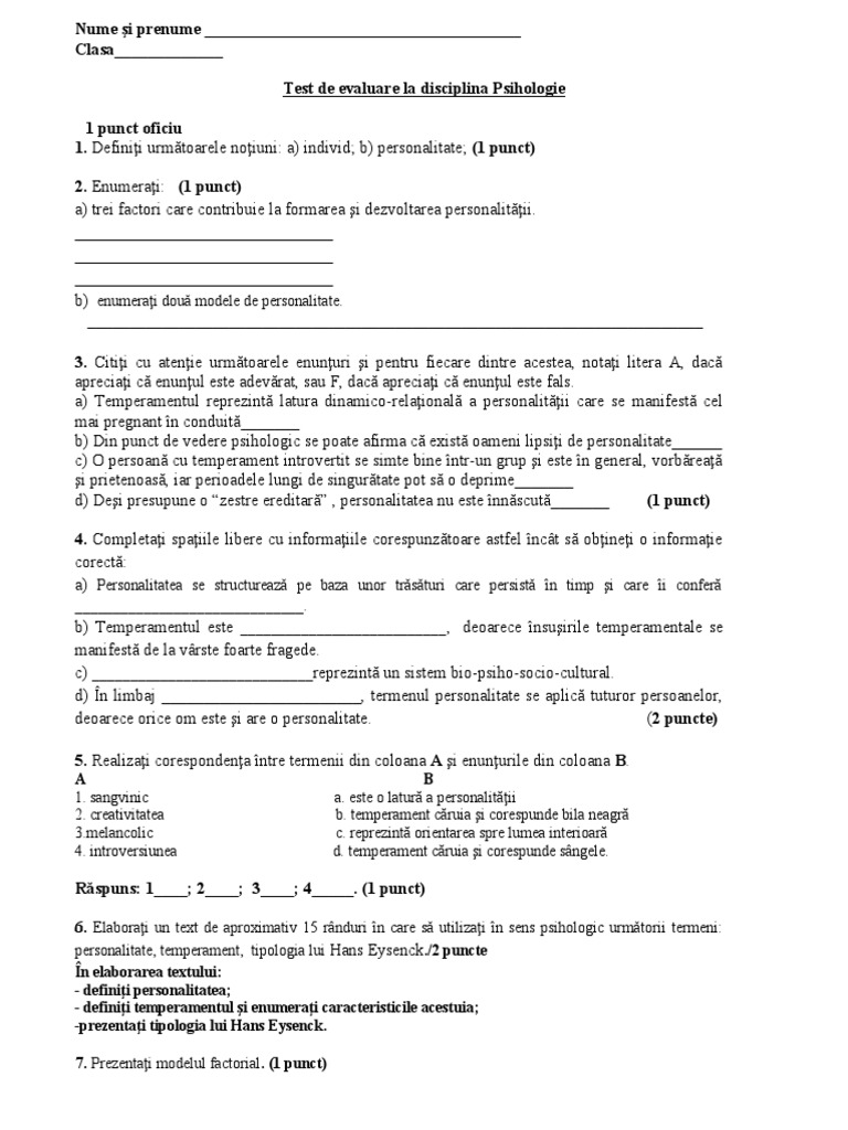 Test de Evaluare La Psihologie Varianta 2 | PDF