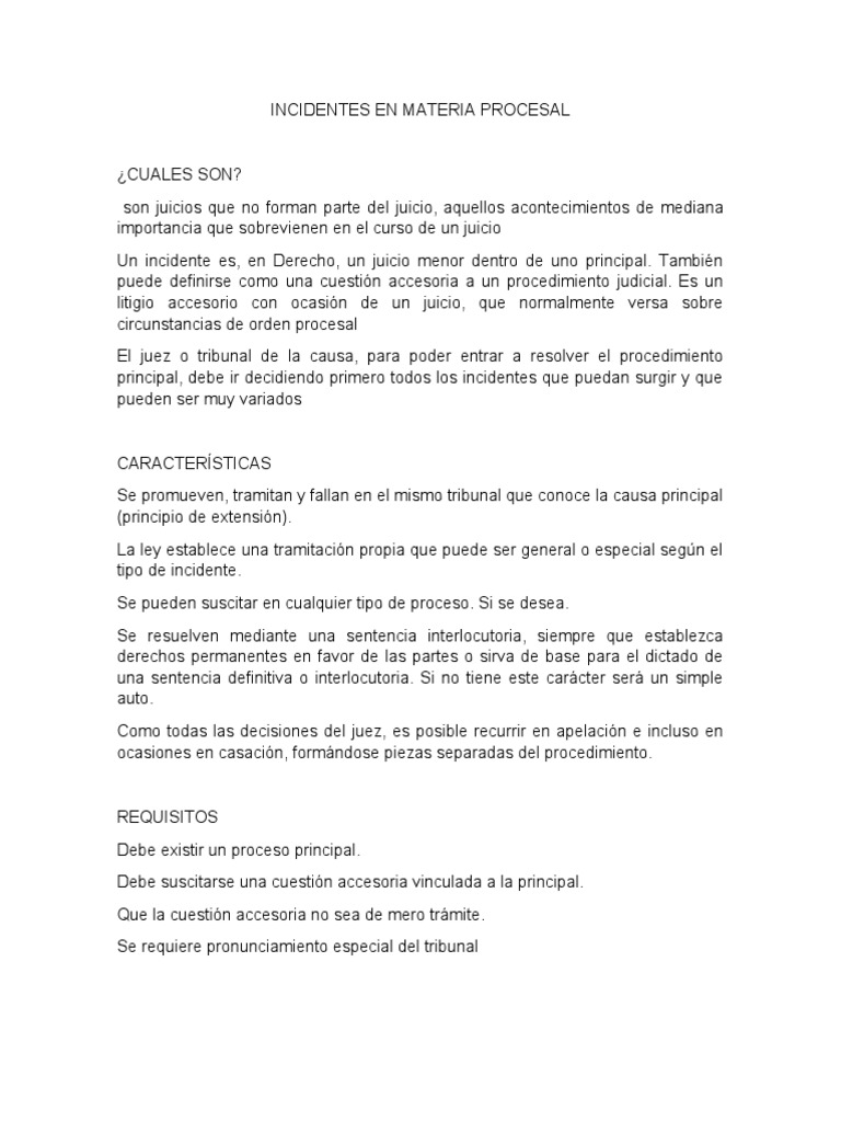 Incidentes procesales: definición, clasificación y resolución en