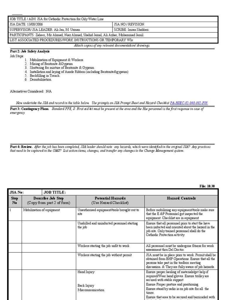 JSA for Cathodic Protection Work | PDF | Personal Protective Equipment ...