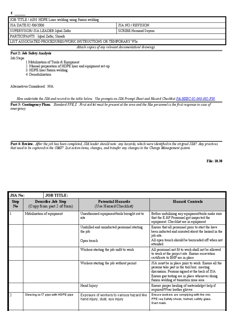 JSA For HDPE SLEEVING DEL 89 | PDF | Safety | Prevention