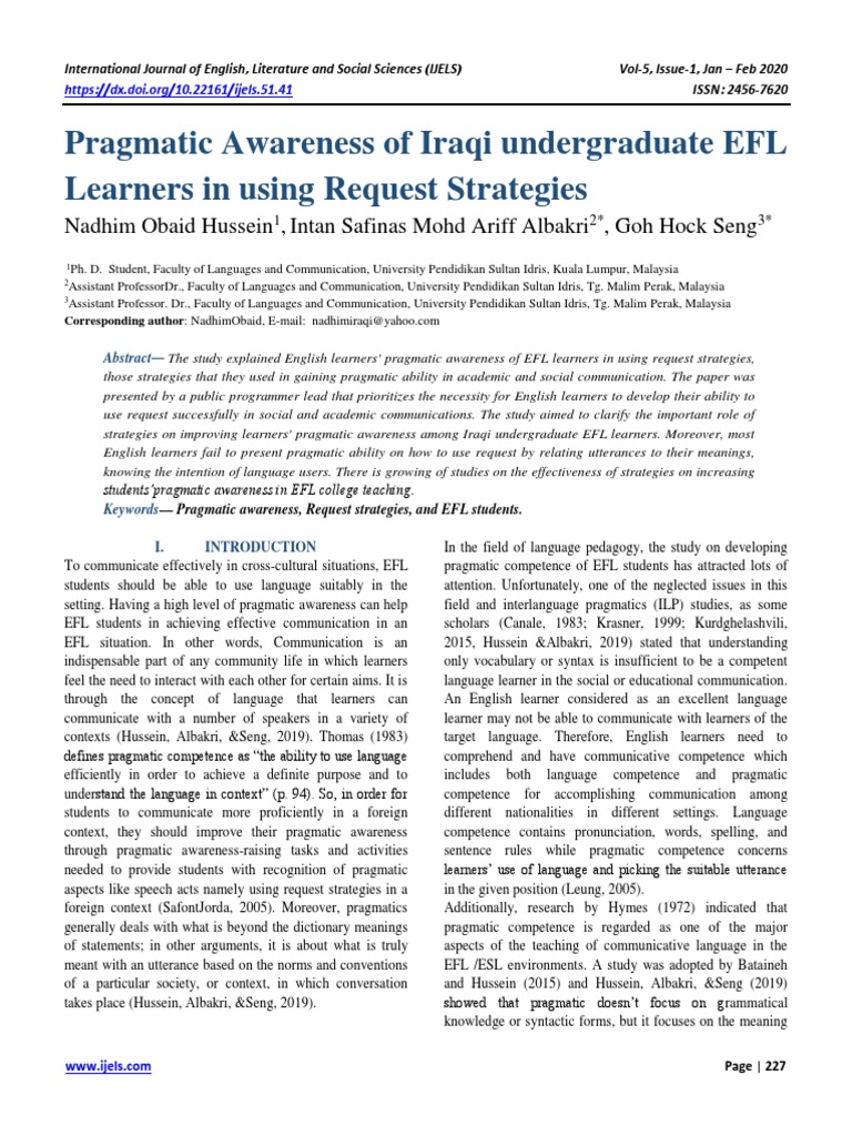 Iraqi EFL Learners' Pragmatic Awareness | PDF | English As A Second Or ...