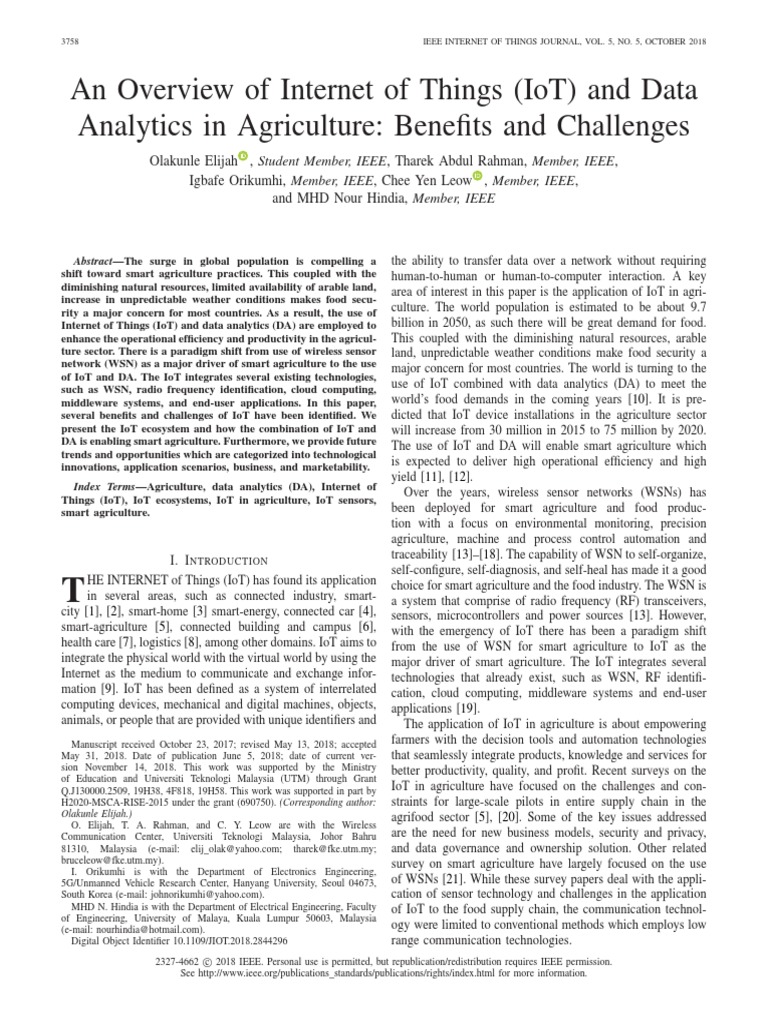 IoT and Data Analytics in Agriculture | PDF | Internet Of Things ...