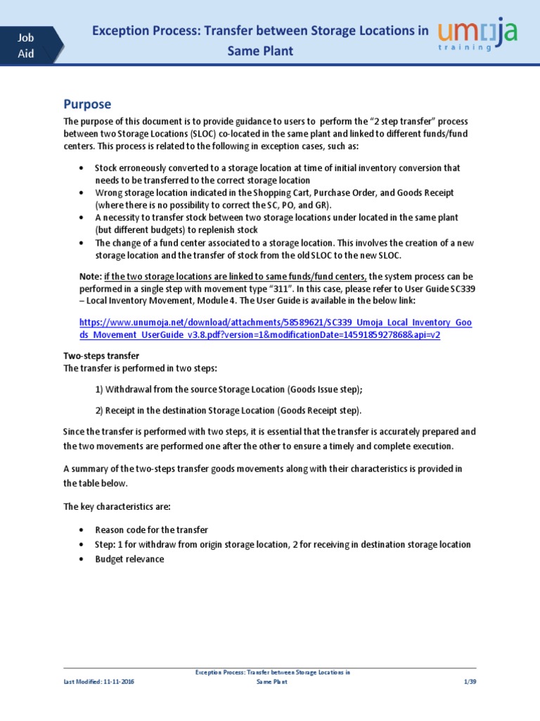 Umoja Job Aid Exception Process Transfer Between Storage Locations