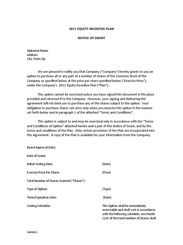 2011 Equity Incentive Plan Grant Notice | PDF | Stocks | Vesting