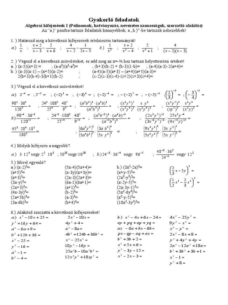 Gyakorlo Feladatok Algebra I Doc