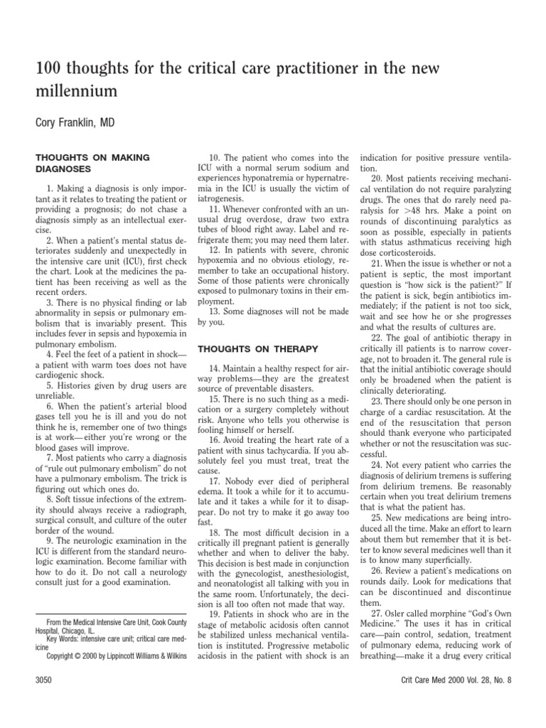 100 Thoughts | PDF | Intensive Care Medicine | Intensive Care Unit