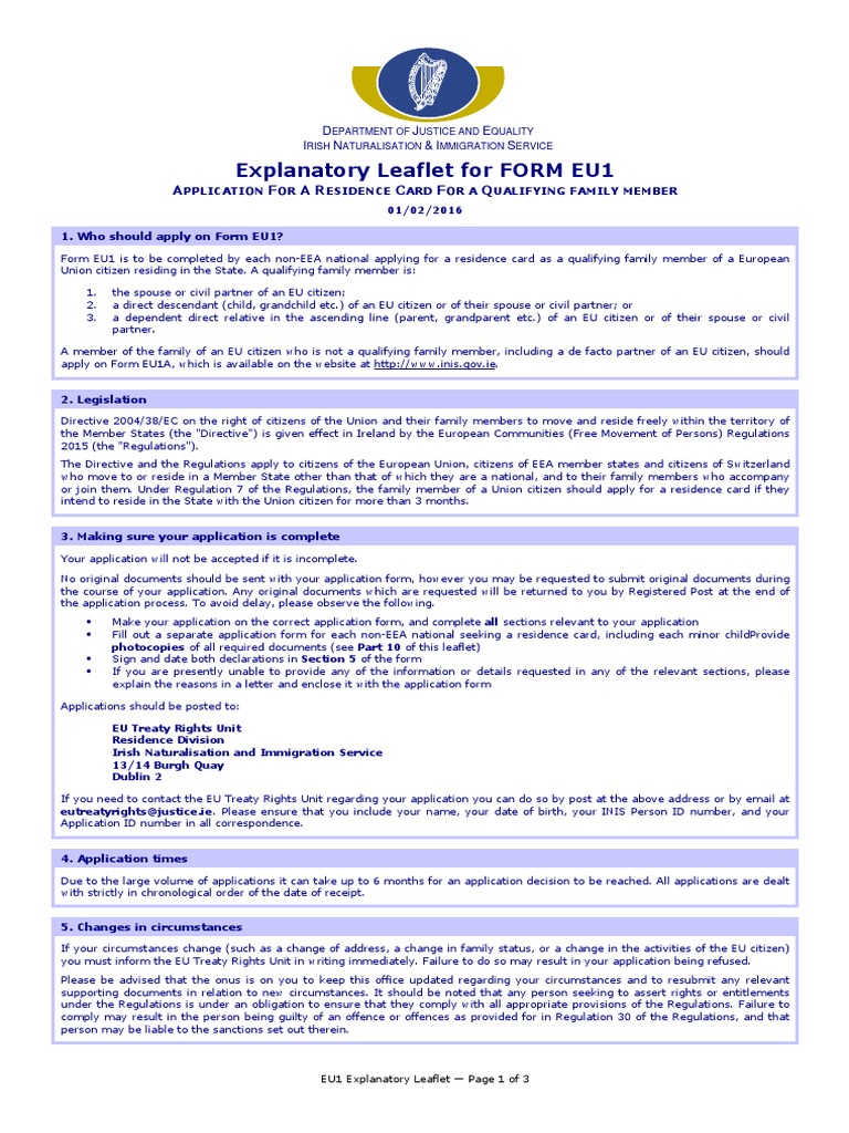 Form EU1 Application Guide for Family Members | PDF | Social ...