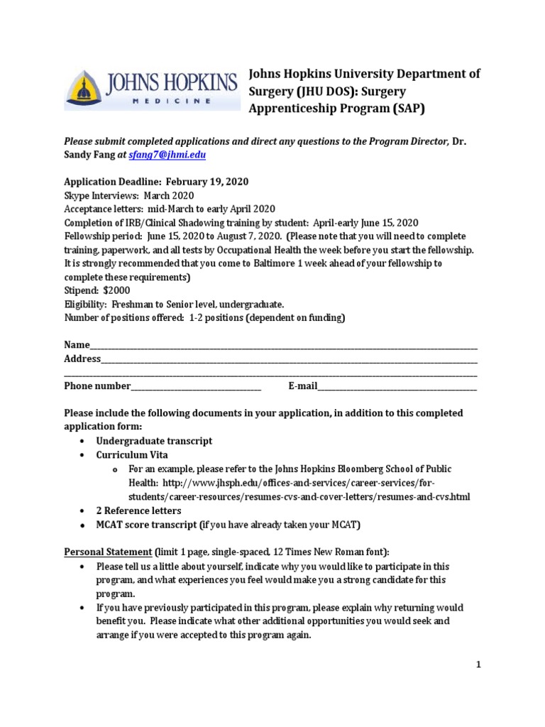 JHU DOS SAP Application 2020 Final PDF Medical College Admission
