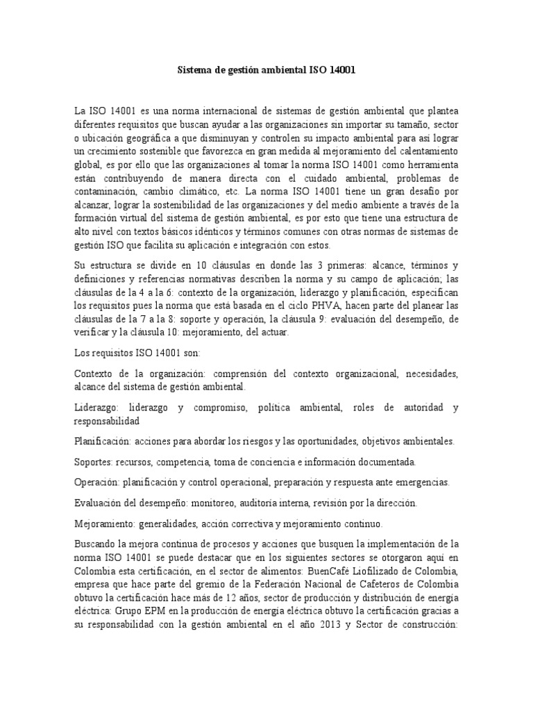 Sistema de Gestión Ambiental ISO 14001 | PDF | Entorno natural ...