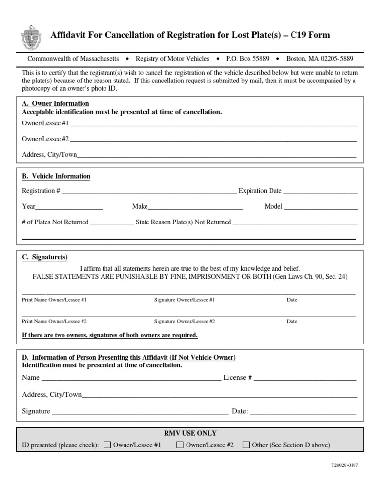 Affidavit for Lost Plate Cancellation | PDF | Identity Document ...