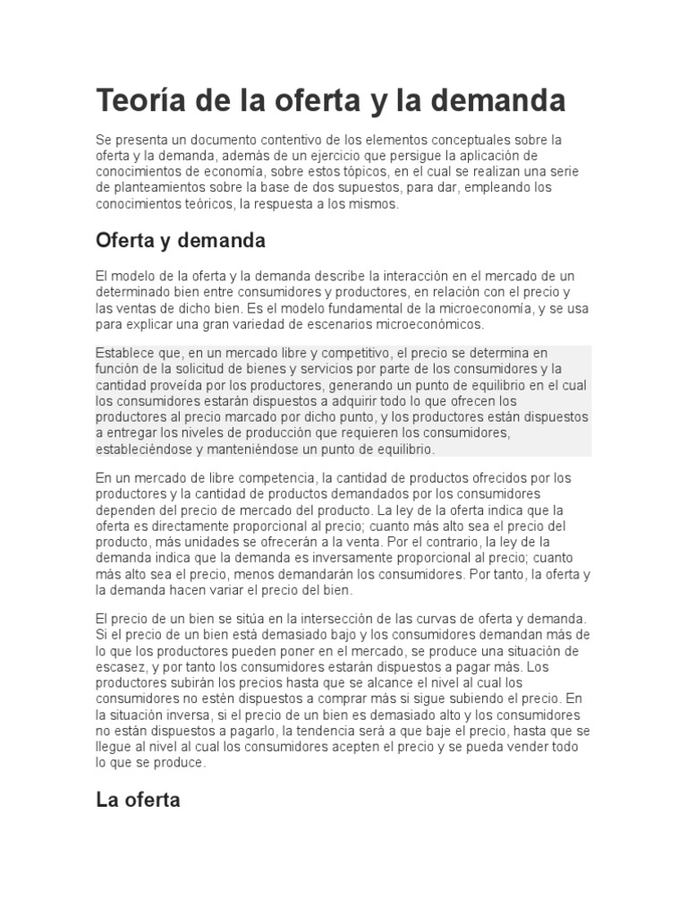 Teoría de la Oferta y Demanda en Economía | PDF | Oferta y demanda ...