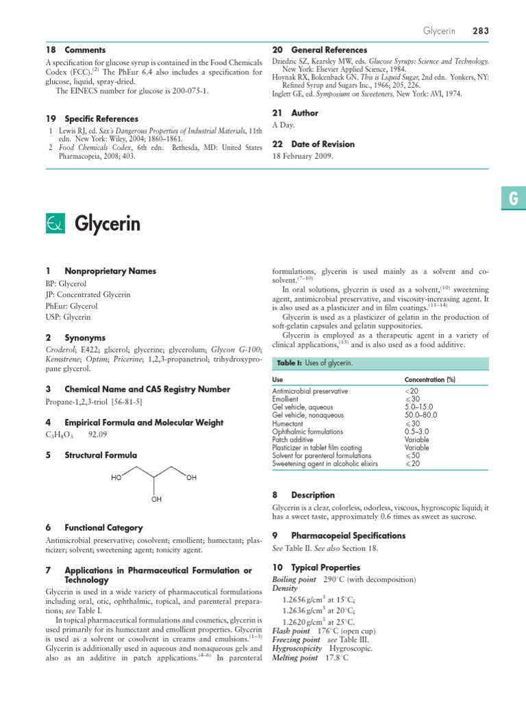 Specification for Glucose Syrup and Analysis of Glycerin Properties and