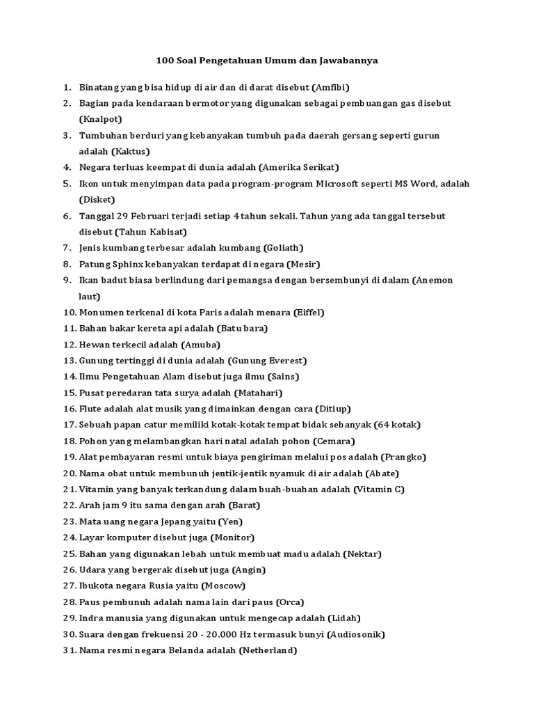 Baixardoc Com 100 Soal Pengetahuan Umum Dan Jawabannya Pdf
