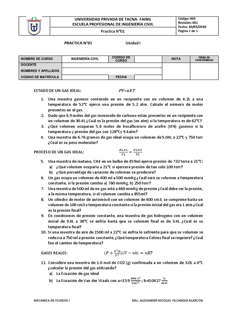 Practica n01 - Estado de Un Gas Ideal PDF | PDF | Gases | Mecánica
