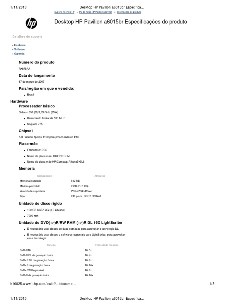 Desktop HP Pavilion A6015br | PDF | DVD | Hewlett Packard