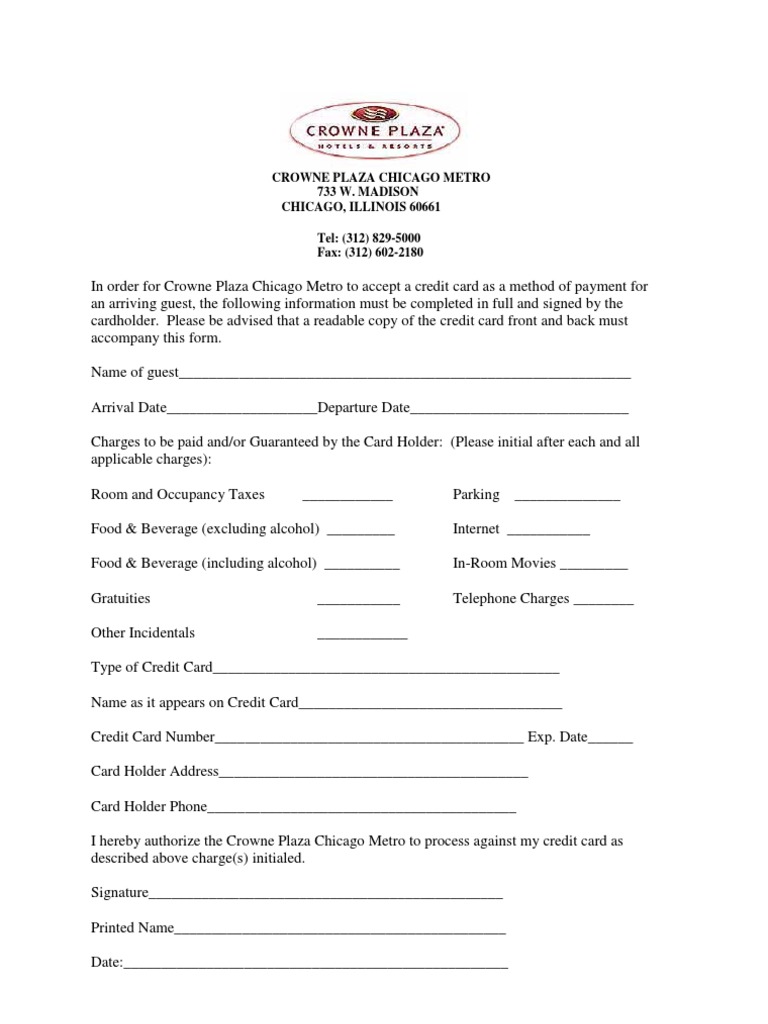 Credit Card Authorization Form - Crowne Plaza | PDF | Finance & Money ...