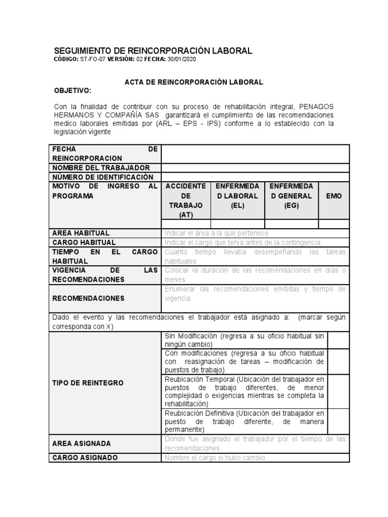 ST-FO-07 Acta de Reincorporación Laboral | PDF | Bienestar | Medicina