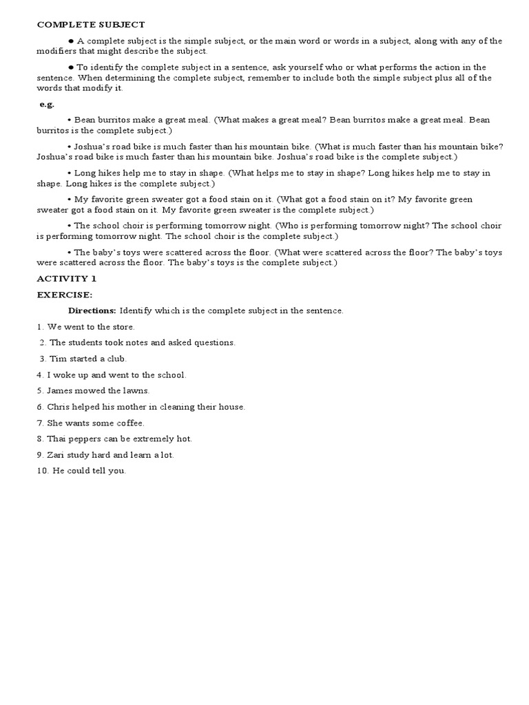Understanding Complete Subjects and Predicates | PDF | Predicate ...