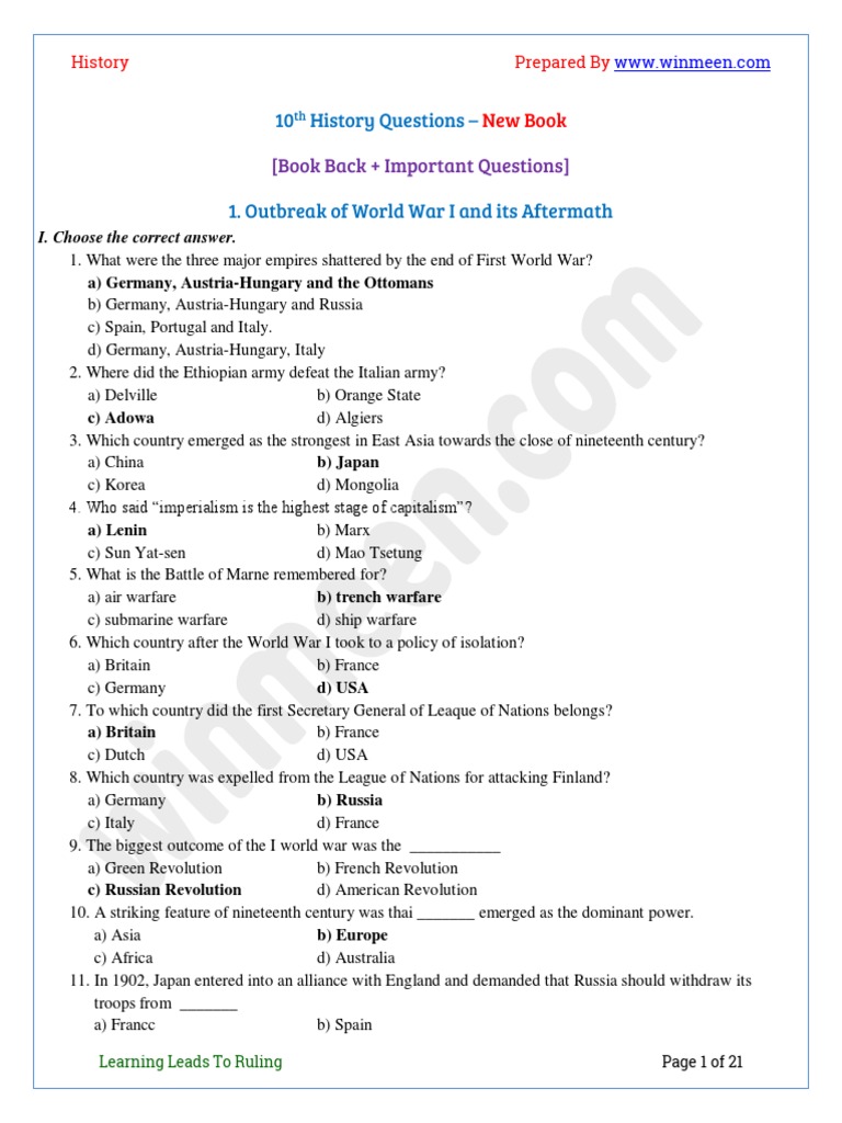 10th History Questions in English New Book PDF | PDF | World War II ...