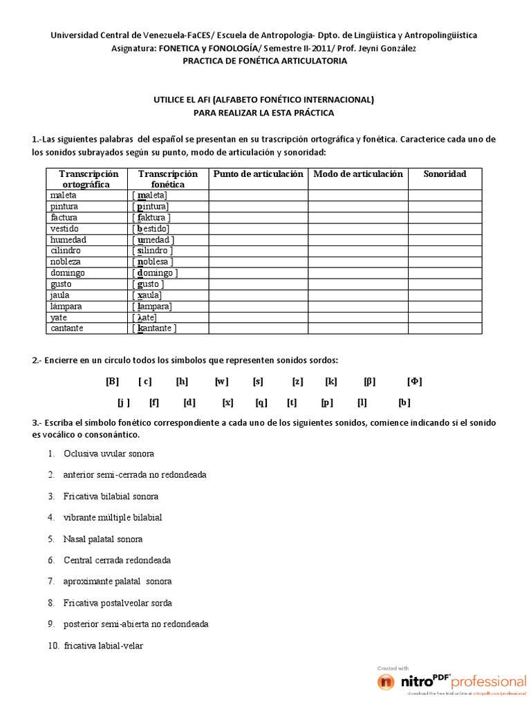 Ejercicio de Fonética Articulatoria | PDF
