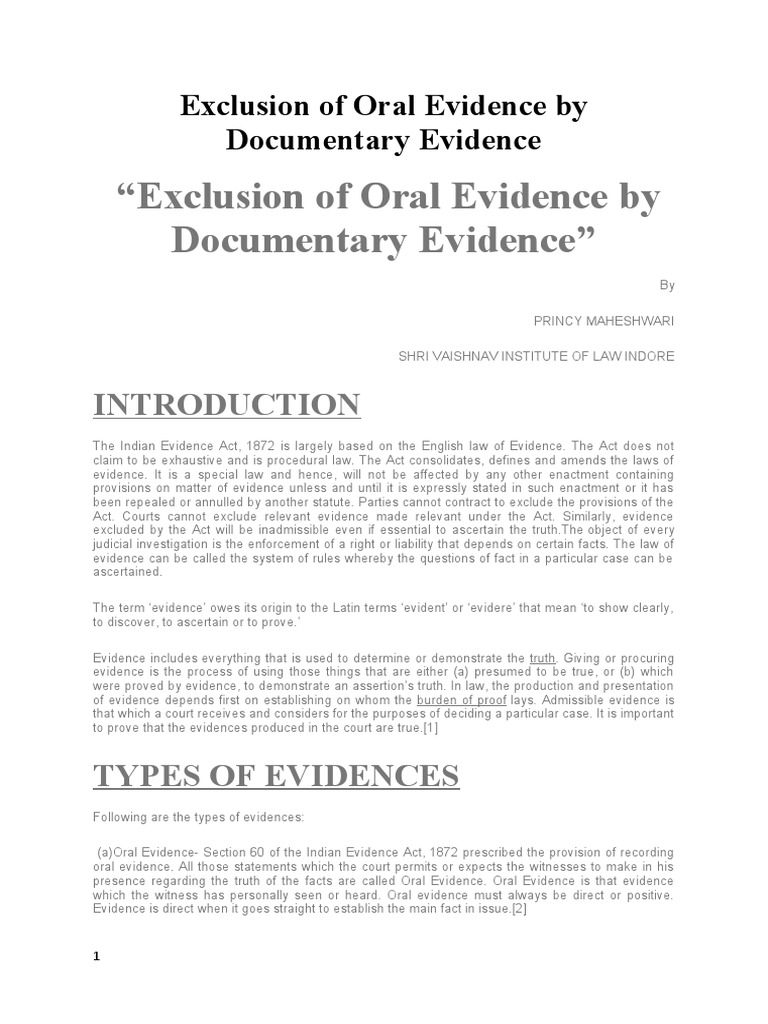 Exclusion of Oral Evidence by Documentary Evidence | PDF | Evidence ...