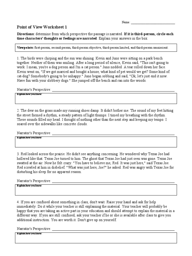Point Of View Worksheet PDF PDF Narration