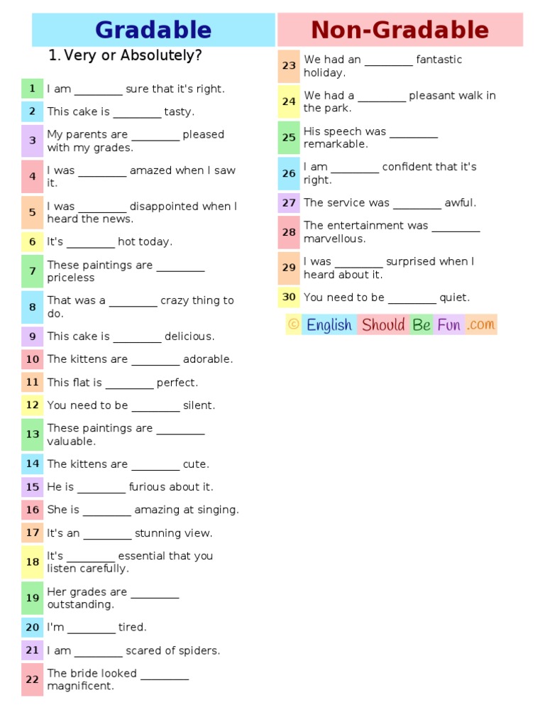 Worksheet Gradable Nongradable Grammar Drills | PDF