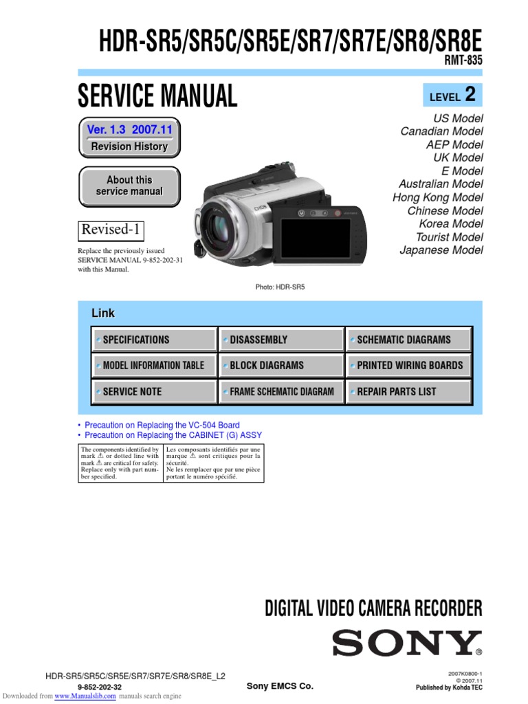 Sony Hdr Sr5 Sr5c Sr5e Sr7 Sr8 Service Manual Video Pixel