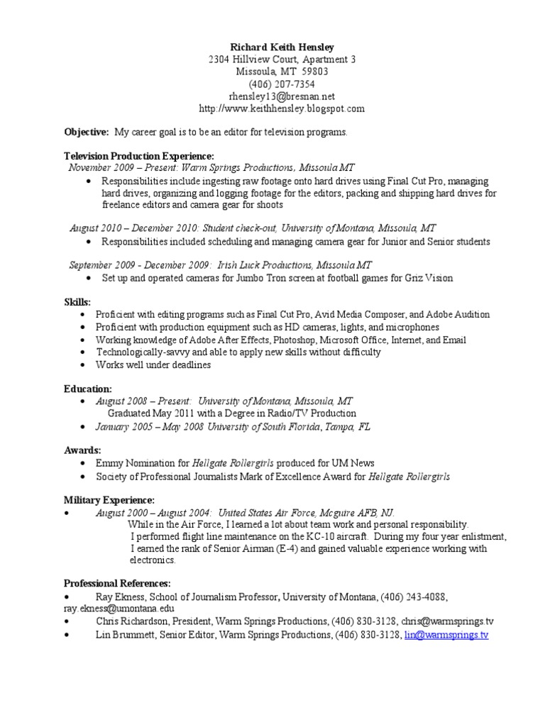 Television Editor Resume of Richard Hensley | PDF | Computers