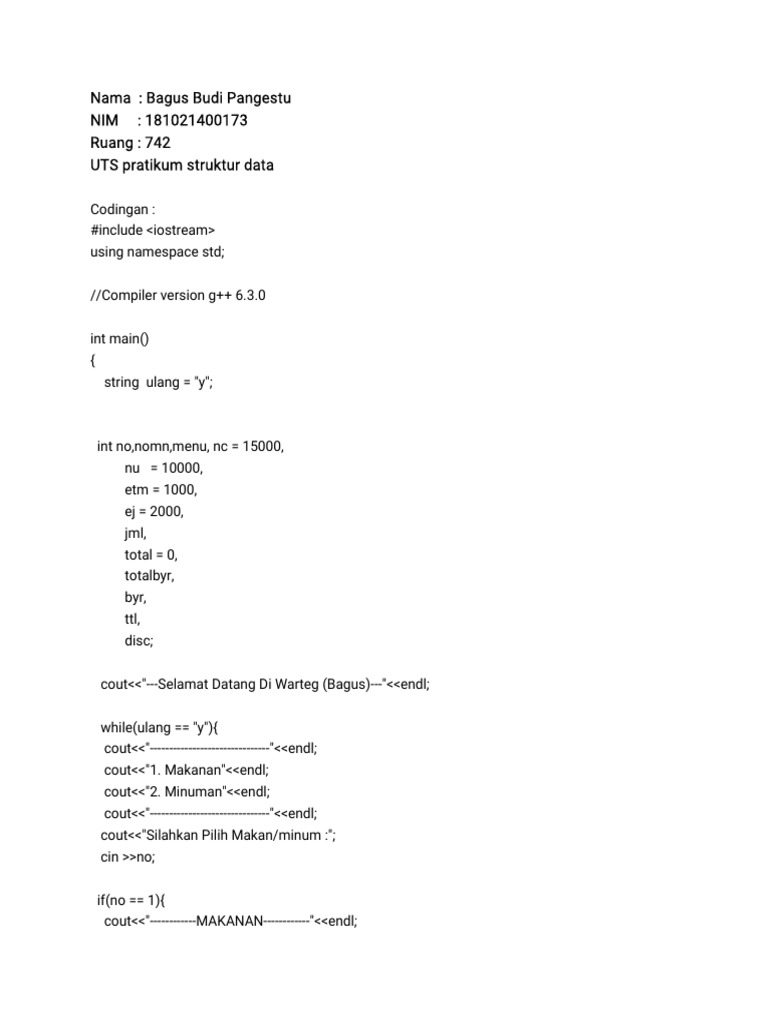 Program Kasir Sederhana C++ Warteg | PDF