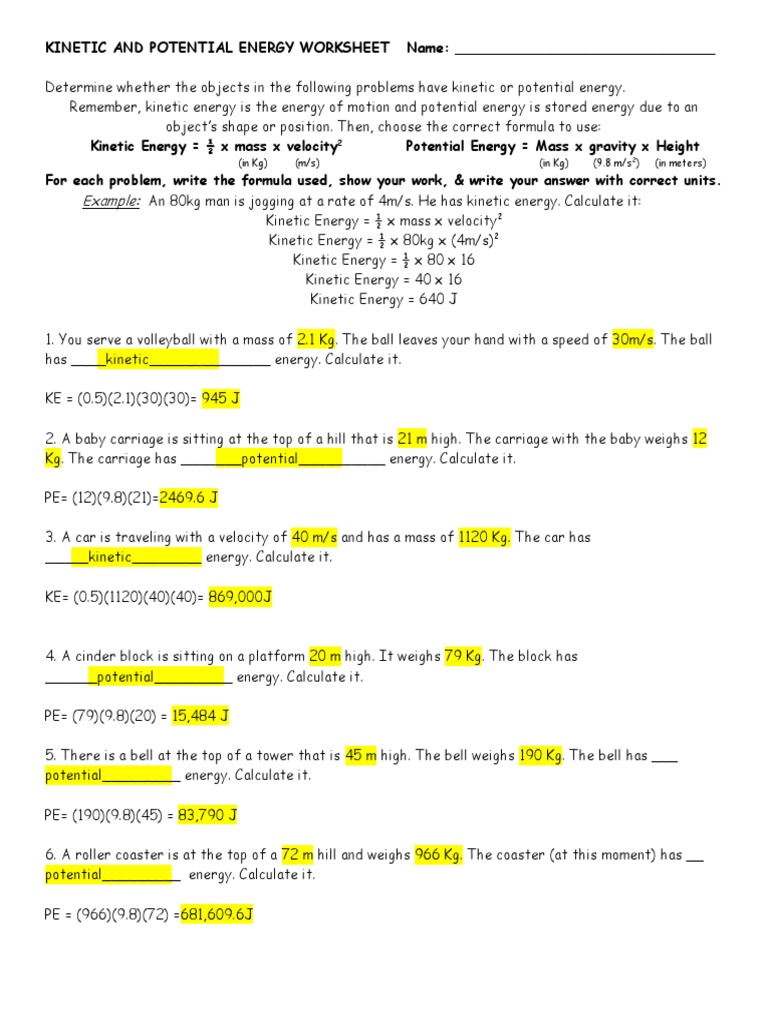 Kinetic and potential energy worksheets