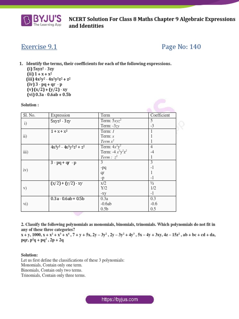 NCERT Class 8 Maths Algebra Solutions | PDF | Equations | Polynomial