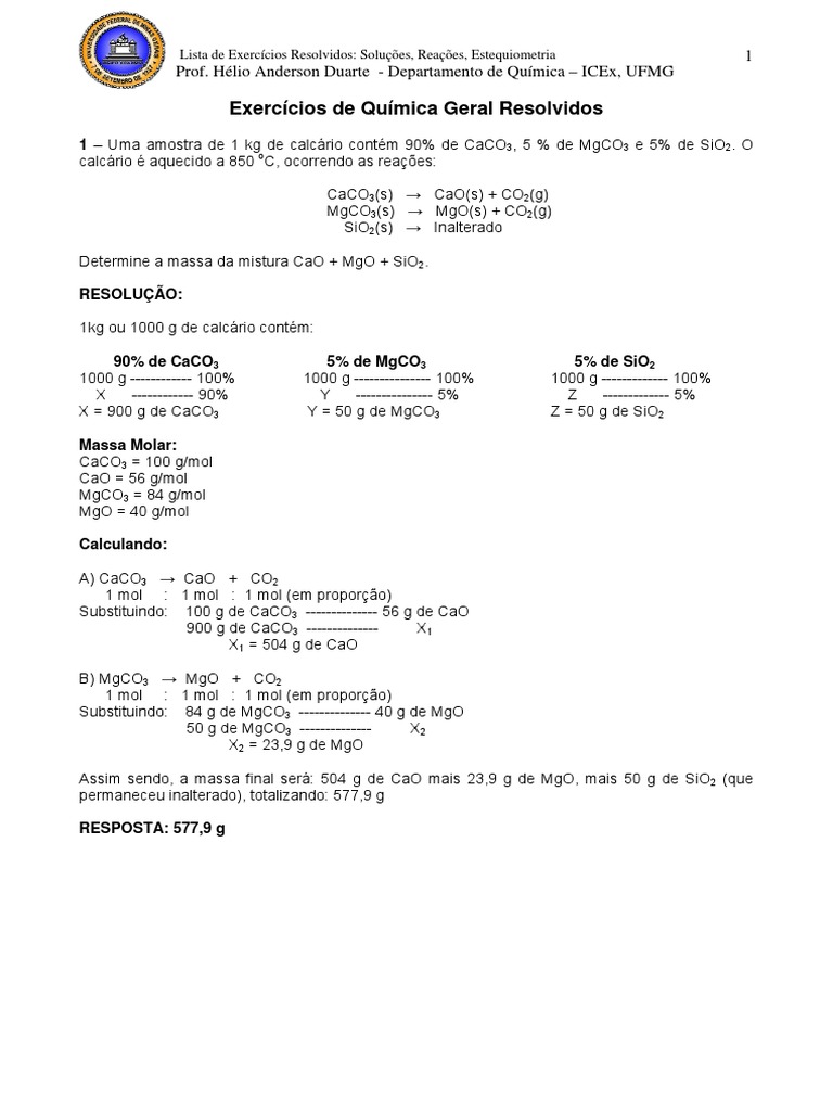 Exercicios de Quimica Geral Resolvidos PDF | PDF | Carbonato de sódio ...