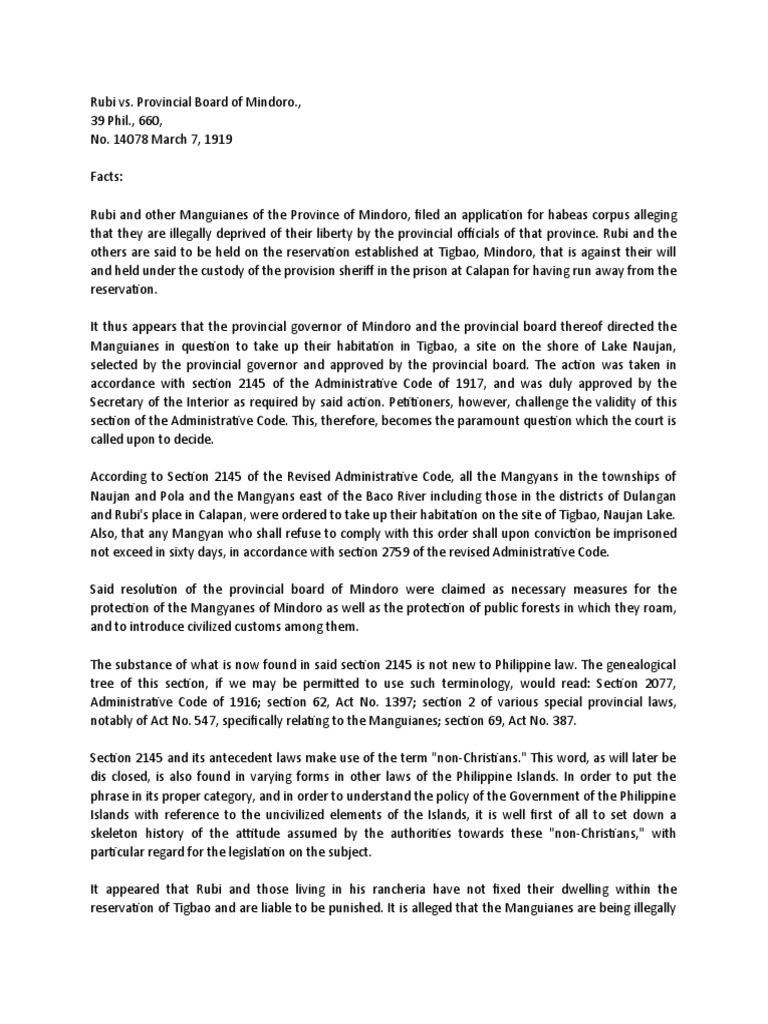 Case Digest - Rubi vs. Provincial Board of Mindoro | PDF | Due 