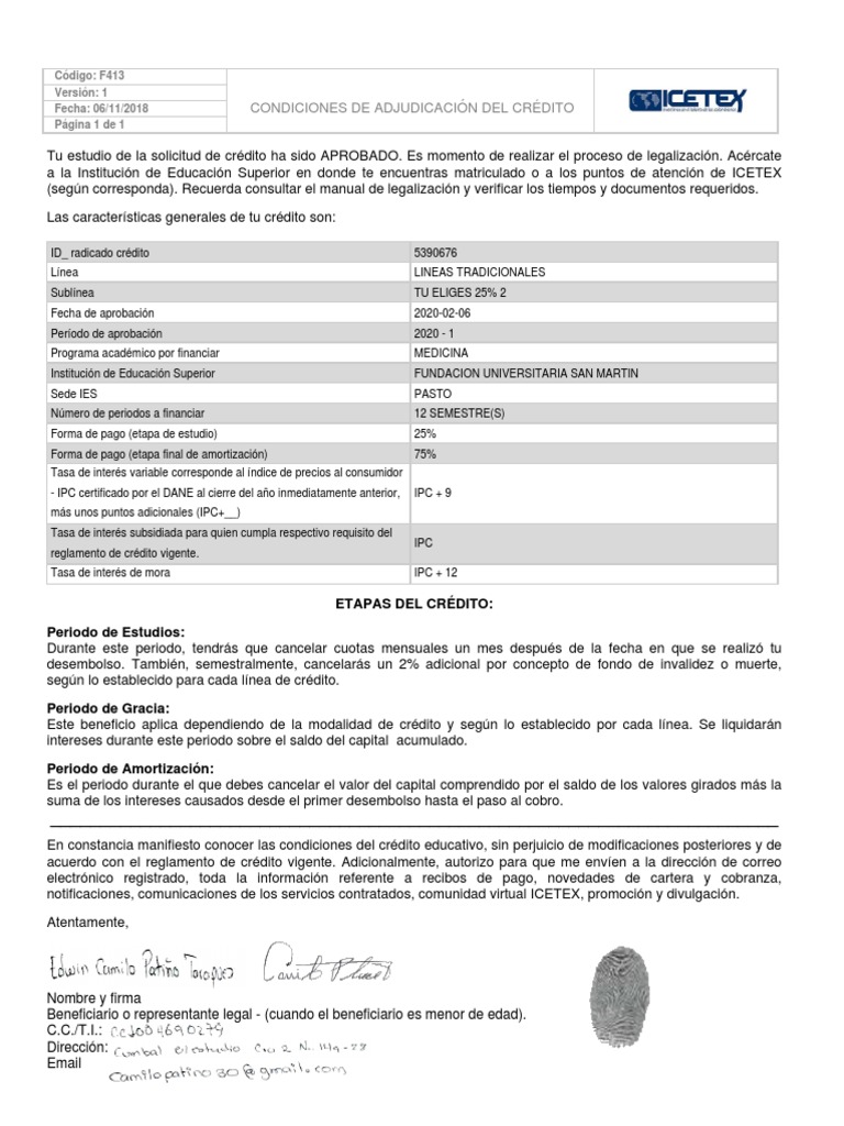 Condiciones Crédito ICETEX Formato F413 | PDF | Crédito | Finanzas y dinero