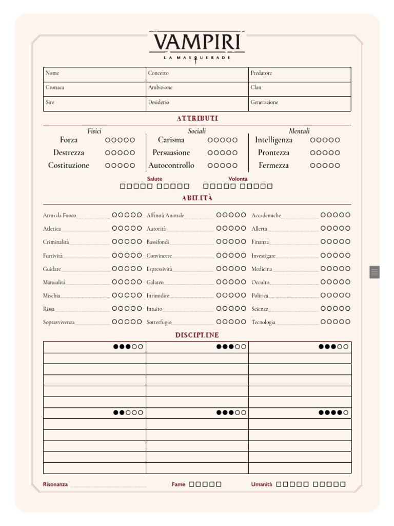 Vampire The Masquerade V5 Scheda PG Editabile PDF