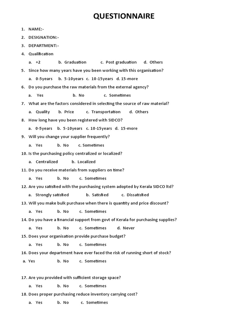 QUESTIONNAIRE | PDF | Supply Chain | Supply Chain Management