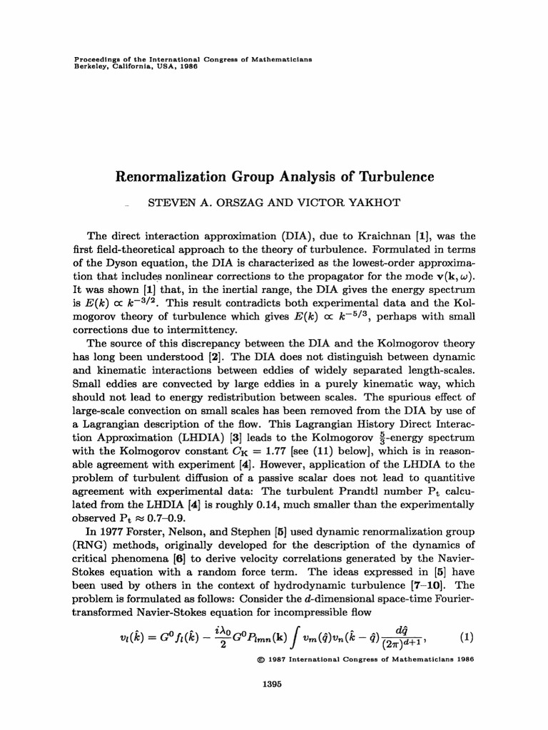 1986 Renormalization Group Analysis of Turbulence (5P) | PDF ...