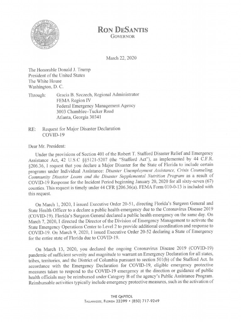 Florida Request For Major Disaster Declaration | PDF