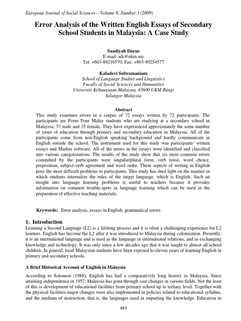 Error Analysis of Malaysian Student Essays | PDF | Second Language ...