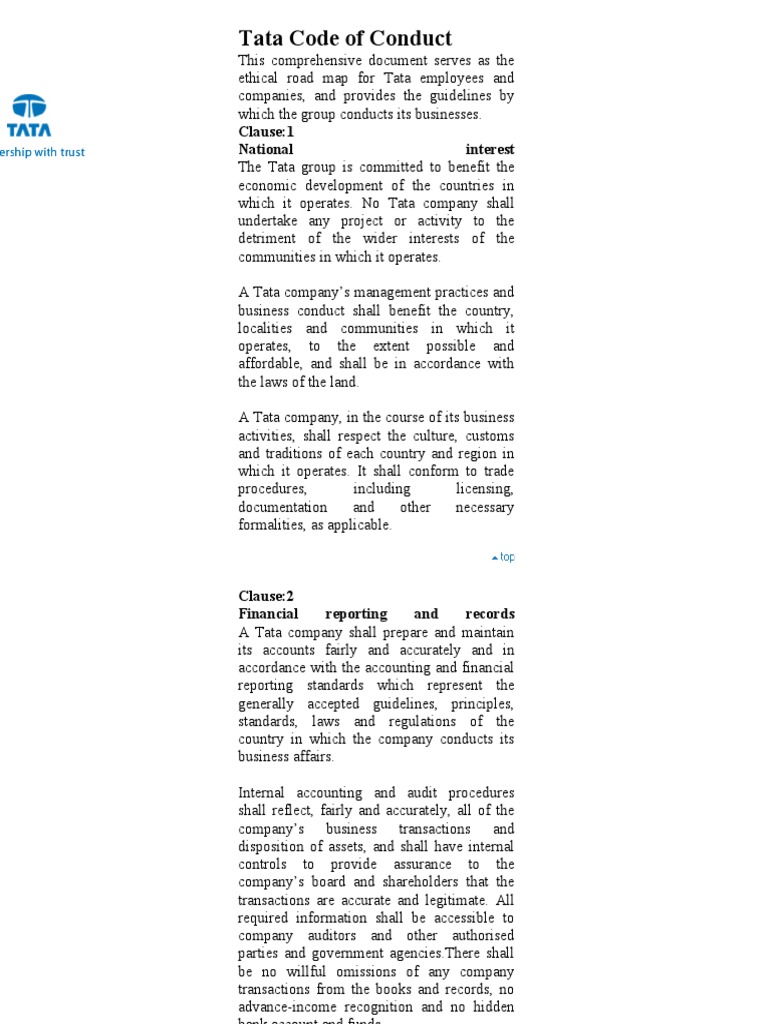 Tata Code of Conduct Overview | PDF | Applied Ethics | Government