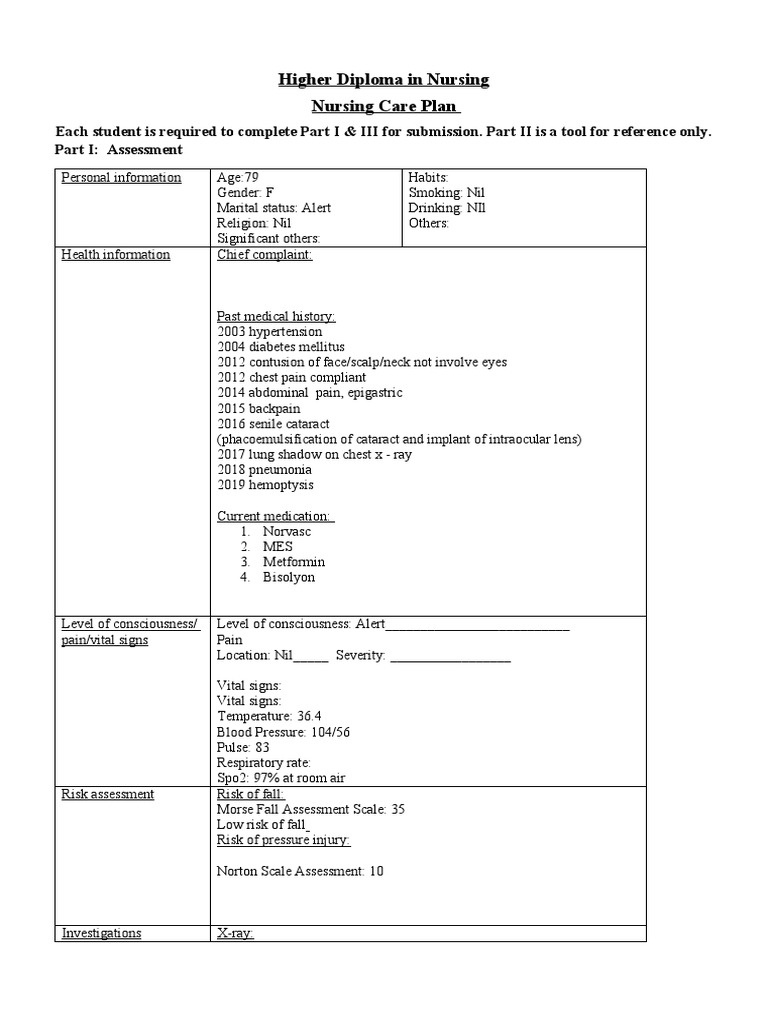 Tsangpoyee Nurisng Care Plan Form Hd N Cp1 Urinary Incontinence Cataract