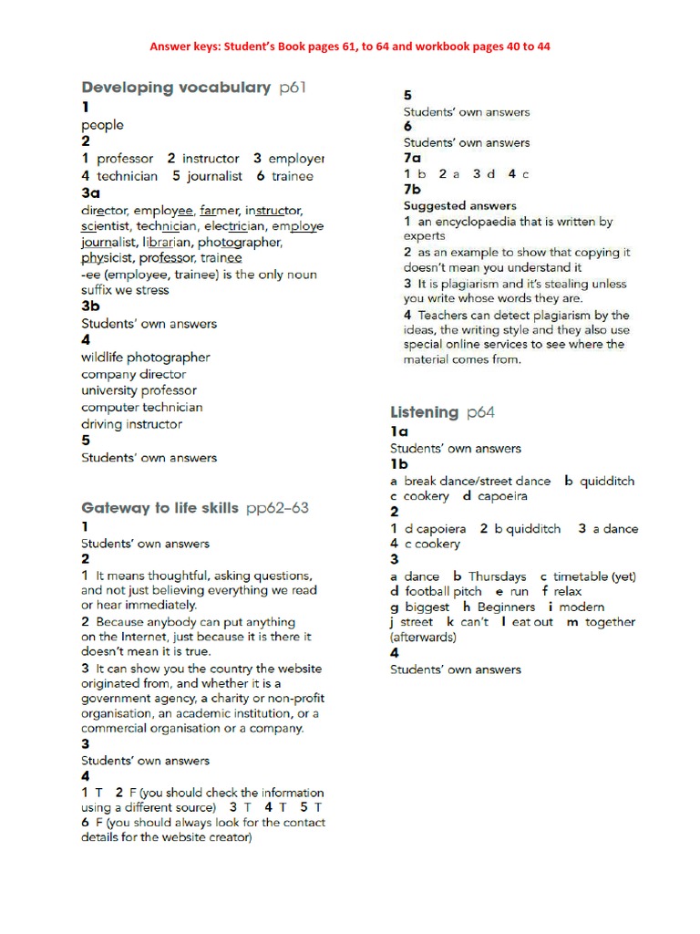 Answer Keys for Student's Book & Workbook | PDF