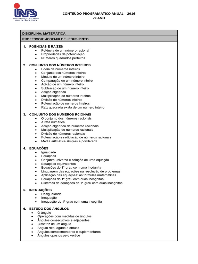 Conteúdo Programatico 7º Ano PDF | PDF | Equações | Ângulo