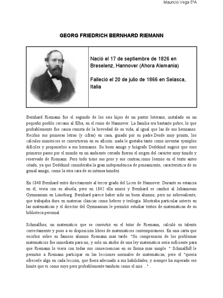 Georg Friedrich Bernhard Riemann | PDF | Análisis matemático ...