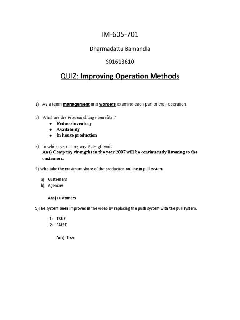 Quiz on Improving Operations Methods | PDF